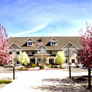 A charming residential building surrounded by blooming trees and a clear blue sky.