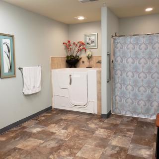 A bathroom featuring a walk-in bathtub and a shower with a decorative curtain, designed for accessibility.