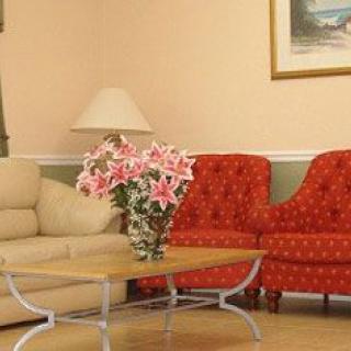 A cozy living room with a beige sofa, red chairs, and a coffee table adorned with pink flowers.