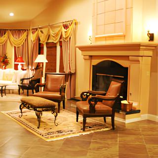A luxurious and cozy living room with elegant furniture and a warm fireplace.