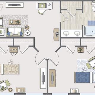 A detailed floor plan of a two-bedroom apartment, showcasing a living area, kitchen, and bathrooms.