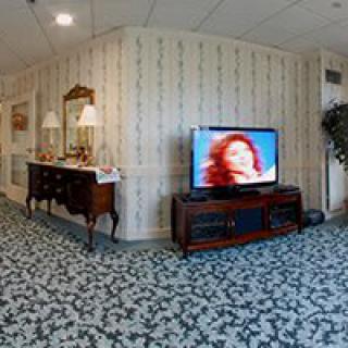 A vintage-style living room featuring a television, ornate furniture, and patterned wallpaper.