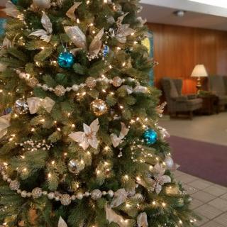 A beautifully decorated Christmas tree adorned with lights and ornaments, creating a festive atmosphere.