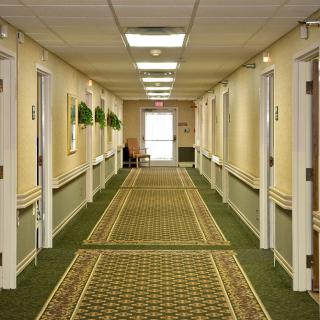 A well-lit indoor hallway with a patterned carpet and multiple doors on either side.