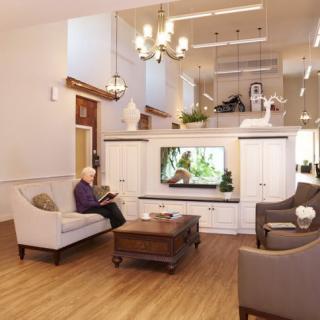 A cozy living room with a senior sitting in an armchair, surrounded by elegant decor and comfortable furniture.
