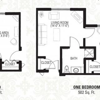 Floor plan of a one-bedroom apartment measuring 502 square feet.