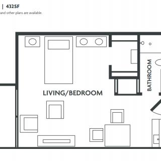 A floor plan of a 435 square foot studio apartment with designated areas for living, bedroom, and bathroom.