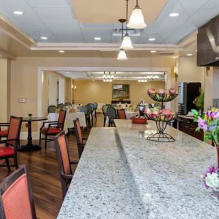 A spacious and elegantly designed dining area with a long countertop, comfortable seating, and tasteful decorations.