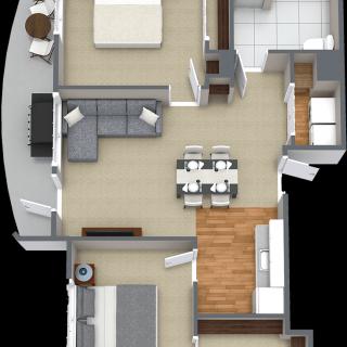 A modern apartment floor plan featuring a bedroom, living room, kitchen, dining area, and bathroom.