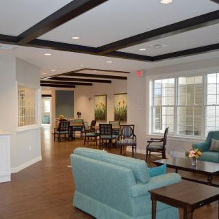 A modern lobby with comfortable seating and stylish decor.
