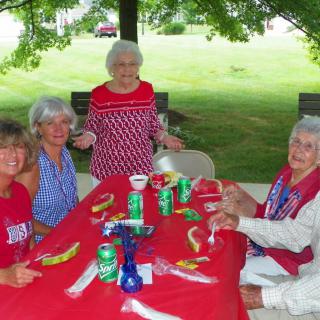 A group of people enjoying an outdoor picnic with food and drinks on a red tablecloth.