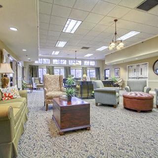 A spacious and well-decorated living room with comfortable seating, decorative plants, and ample natural light.