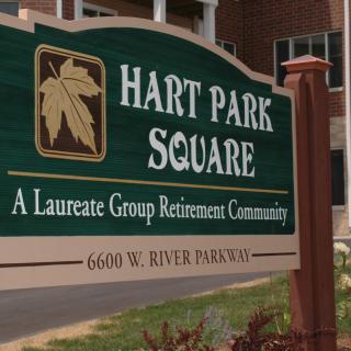 Sign for Hart Park Square, a Laureate Group Retirement Community.