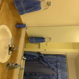 A tidy bathroom featuring a sink, mirror, and blue-themed decor.