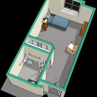 A 3D floor plan of a small apartment featuring a bedroom and an adjacent bathroom.