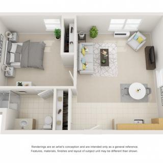 A modern one-bedroom apartment floor plan featuring an open living and dining area, kitchen, and bathroom.