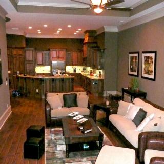 A modern open-concept living room and kitchen with stylish furniture and wood flooring.