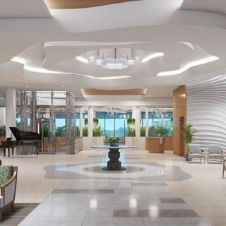 A modern and stylish lobby with elegant lighting and contemporary decor.