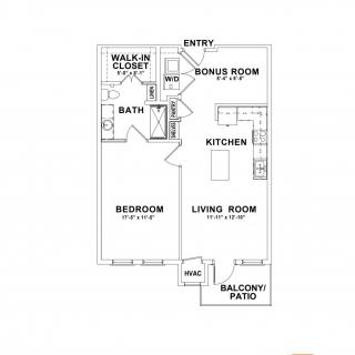 A floor plan of a one-bedroom apartment featuring a living room, kitchen, bathroom, and a balcony.