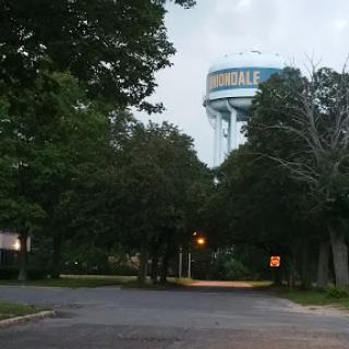 A water tower rises above the treetops, providing a glimpse of the town's infrastructure against a moody evening sky.