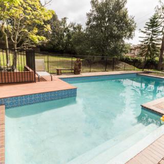 A serene outdoor swimming pool surrounded by trees and a safety fence on a sunny day.