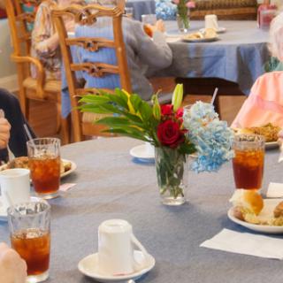 Seniors enjoying a meal together at a cozy dining setting.