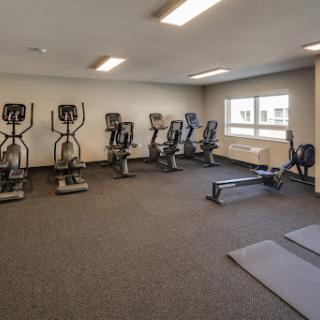 A modern gym space equipped with elliptical and rowing machines, designed for fitness enthusiasts.