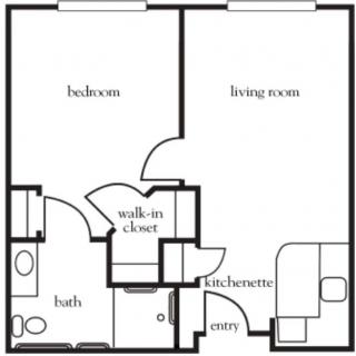 A simple one-bedroom apartment floor plan featuring a living room, kitchenette, walk-in closet, and bathroom.