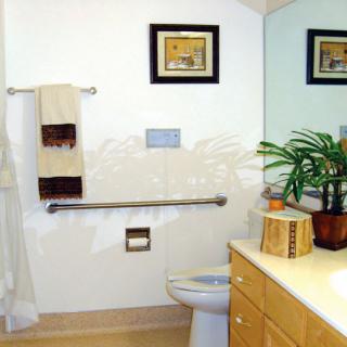 A clean and bright bathroom featuring a toilet, mirror, towels, plant, and framed pictures.