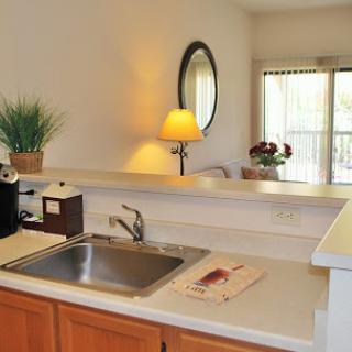 A cozy kitchen setting featuring a sink, countertop, and decorative elements.