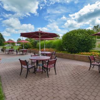 A scenic outdoor patio with tables, chairs, and umbrellas set against a lush garden backdrop.