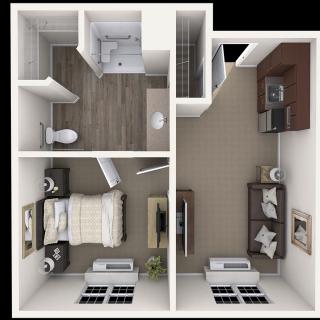 A 3D floor plan of a compact one-bedroom apartment, showcasing an open living area connected to a kitchen, and a separate bathroom and bedroom.