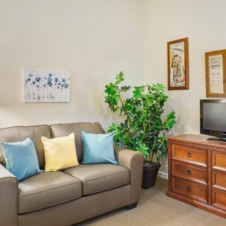 A cozy living room featuring a sofa with colorful pillows, a television on a wooden cabinet, and decorative plants.