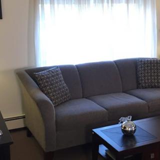 A cozy living room featuring a gray sofa and a coffee table in front of a window with curtains.