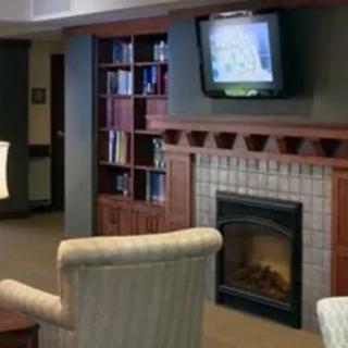 A cozy living room with a fireplace, television, and bookshelf.