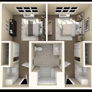 A top view of a two-bedroom apartment floor plan with a shared bathroom.