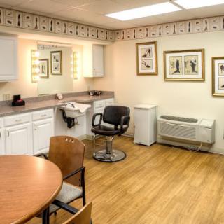 A cozy salon interior with a styling chair, lighted mirror, and decorative artwork on the walls.