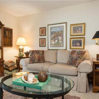 A cozy living room with a comfortable sofa, surrounded by artwork and decor, featuring a glass coffee table.
