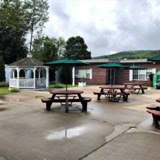 A serene outdoor space featuring picnic tables and a gazebo, surrounded by lush greenery under a cloudy sky.