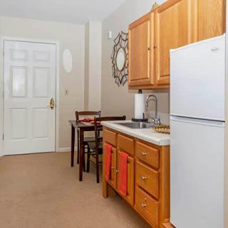 Compact kitchen area with wooden cabinets and essential appliances.