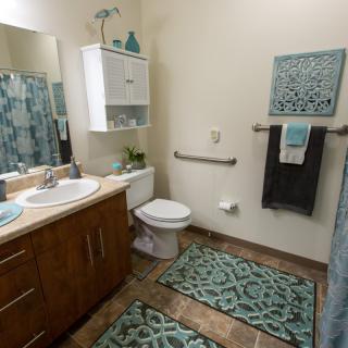 A well-decorated bathroom featuring patterned rugs and towels.