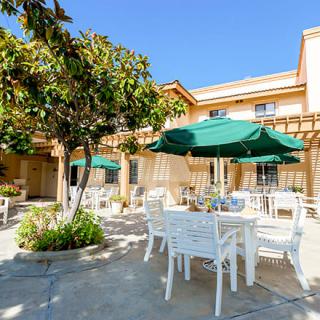 A sunny outdoor patio with tables, chairs, and green umbrellas set next to a building.