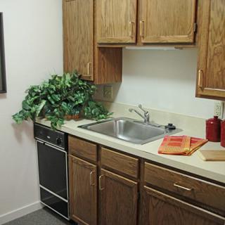 A small kitchen area with wooden cabinets, a sink, and countertop appliances.