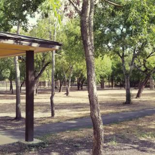 A peaceful park with a small pavilion surrounded by trees.