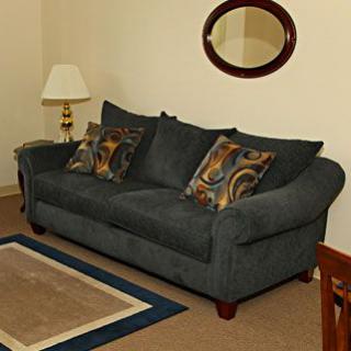 A cozy living room setting with a dark green sofa, patterned cushions, and a decorative mirror on the wall.