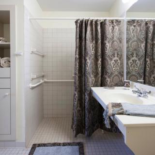 A well-designed bathroom featuring a shower with a curtain, a stylish vanity, and neatly arranged towels.