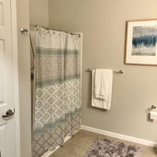 A tidy bathroom with a patterned shower curtain, a towel on a rack, and wall art.