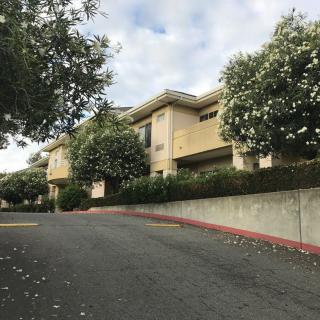 A view of a building surrounded by trees on a cloudy day.
