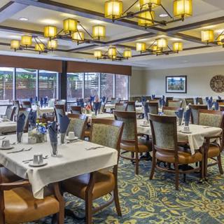 A well-lit dining area with neatly arranged tables and chairs, featuring elegant decor and large windows.