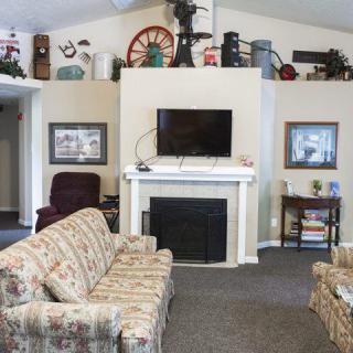 A cozy living room featuring a fireplace and television, decorated with vintage-style furniture and decor.